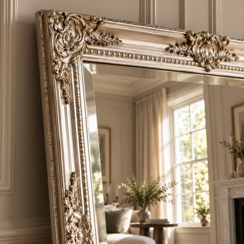 Madeleine Carved Classic Accent Mirror, 74cm W x 163cm W, Silver