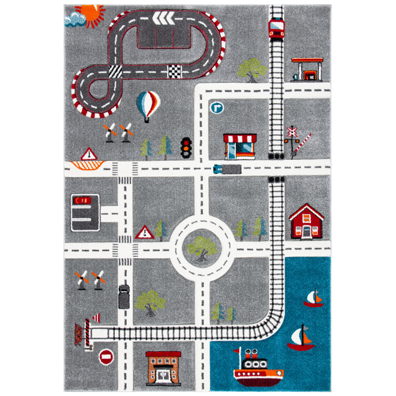Carousel Kids Racetrack Area Rug In Grey / Ivory, Rectangle 201 x 274cm