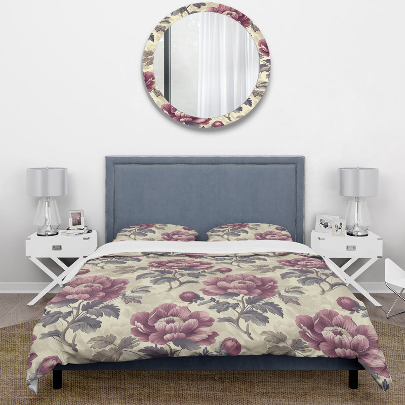 Mulberry Beige Farmhouse Flowers - Ensemble de housse de couette Farmhouse, Housse de couette simple + 2 taies décoratives st