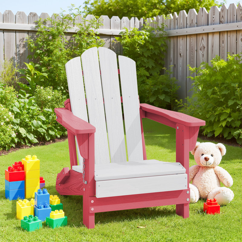 High Density Polyethylene Mini Foldable Adirondack Chair, White/Pink