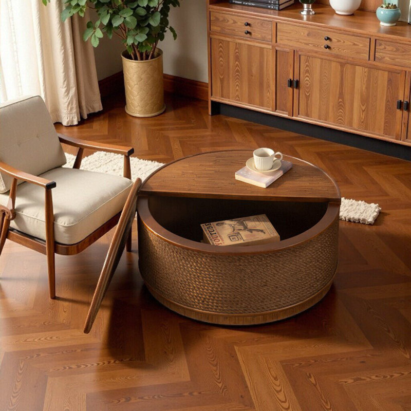 Table basse ronde avec rangement amovible, conception tissée à la main