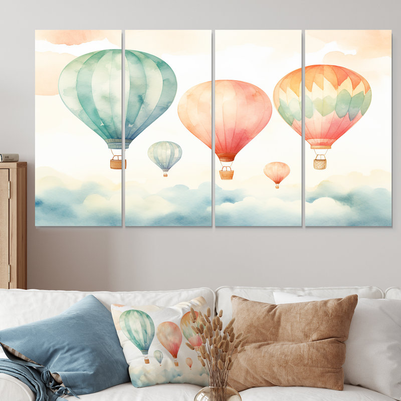 Aquarelle verte et rouge montgolfière Horizon I - montgolfière, ensemble 4 pièces d'art mural, H 28 po x l 48 po
