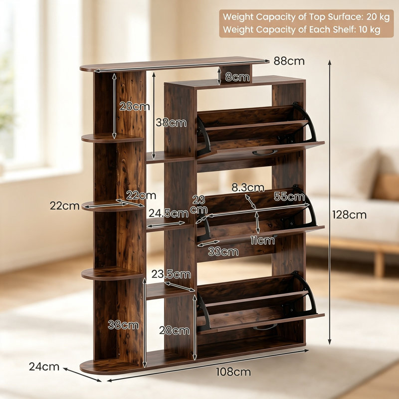22 Pair Shoe Storage, Rustic Brown
