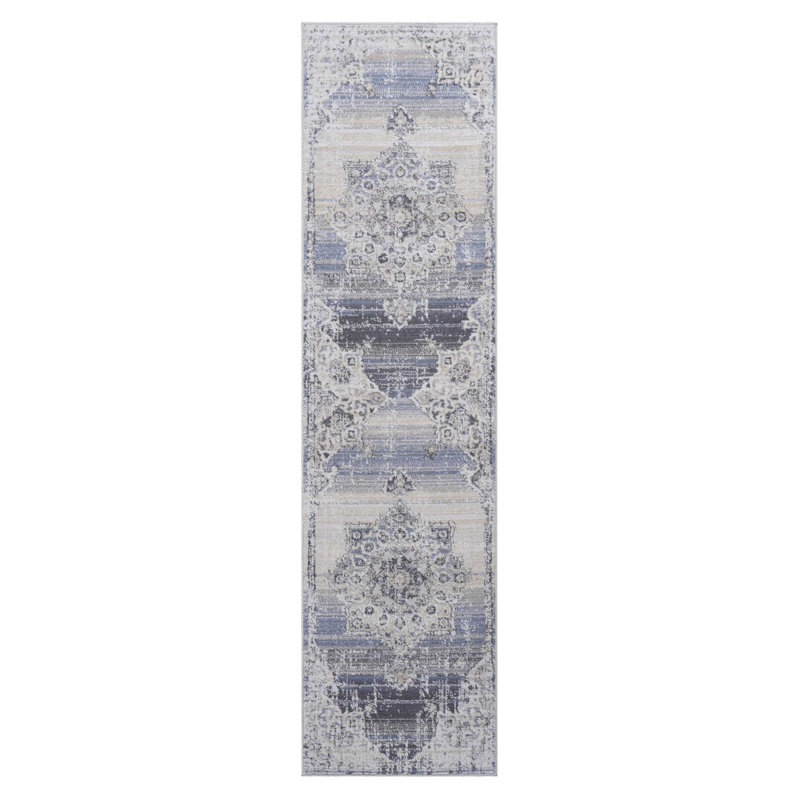 Cream/Blue/Inlaid Non Linting Stain Resistant Area Rugs, Runner 2'2" x 8'