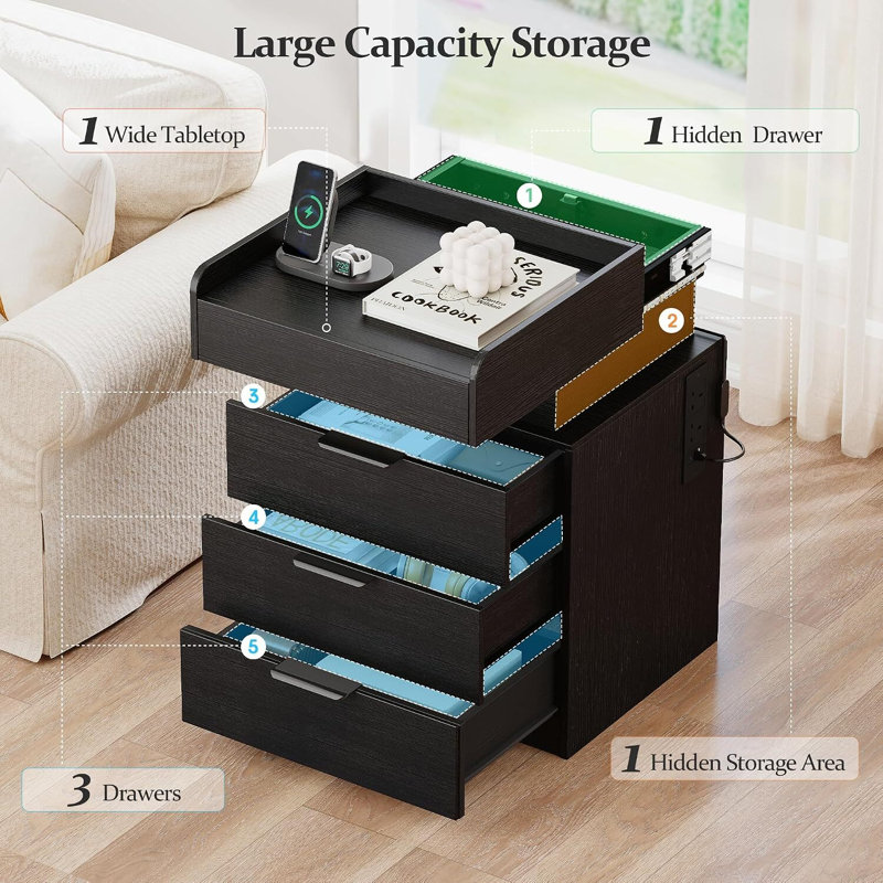 45 cm W Bedside Table, Black Left