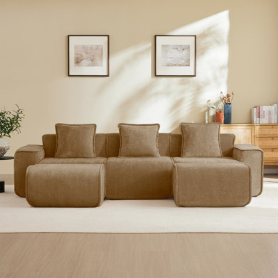 Canapé modulaire à 3 places en U avec passepoil à bordure française, sans assemblage requis, canapé 3 places avec coussins décoratifs et 2 repose-pieds mobiles, tissu de velours