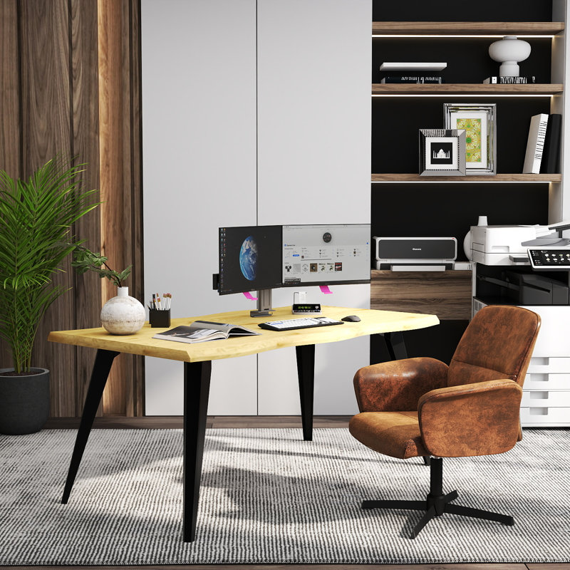 Modern Home Office Desk and Swivel Chair Set – 63" Desk Top with Wave Edge & Adjustable Fabric Upholstered Chair