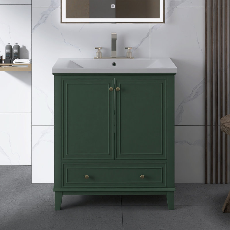 Meuble-lavabo autoportant de 30 po avec lavabo, Vert foncé / or