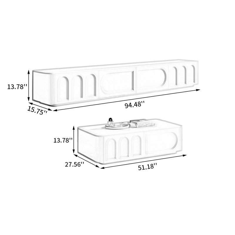 TV Stand and Coffee Table Set with Enclosed Bottom, White