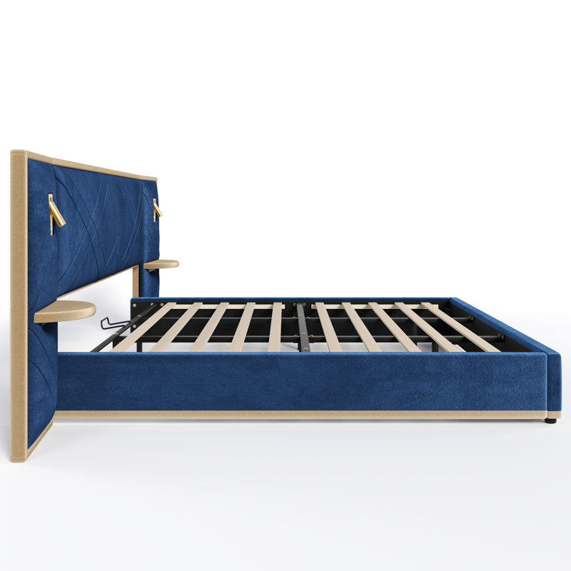 Calviano Upholstered Platform Bed With Wingback Headboard, LED Lighting, And Storage Side Panels, Blue, King
