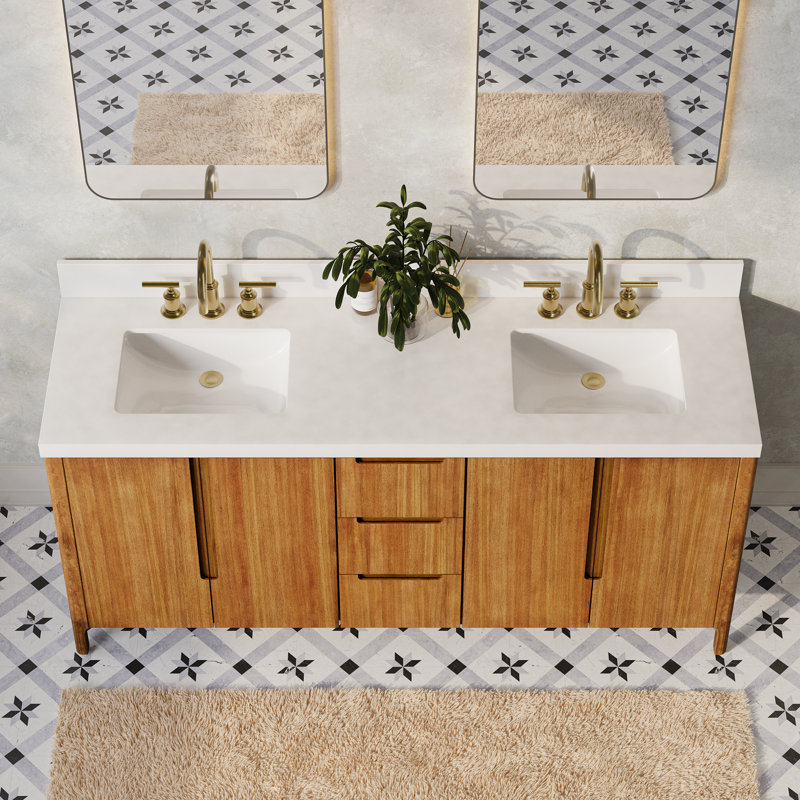 Trayshawn 72 po Meuble-lavabo à double cuve en marbre d'ingénierie avec robinet Whitebrook, Noir Juglans, Or