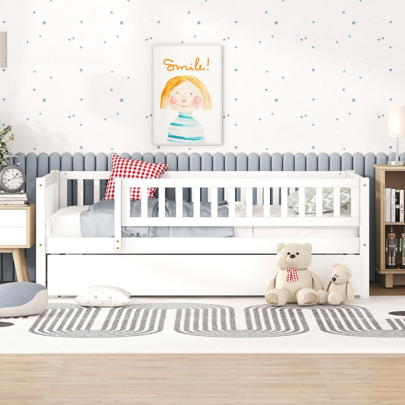 Lit de jour simple en bois avec couchette et garde-corps, blanc, Lit simple, Blanc