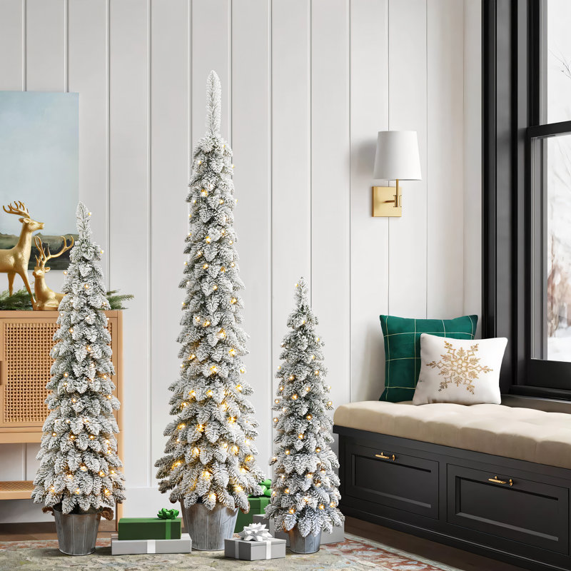 Ensemble de 3 arbres artificiels minces enneigé avec lumières à piles