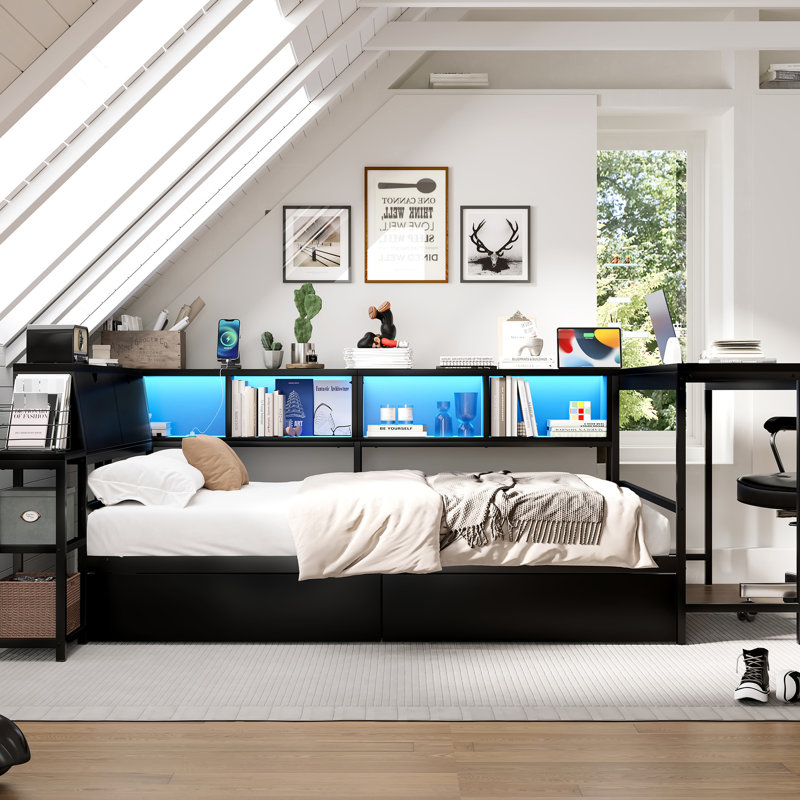 Base de lit d'angle pleine grandeur noire avec bibliothèque intégrée, 2 tiroirs de rangement, éclairage à DEL intelligent et station de charge, idéale pour les espaces de rangement sous le lit, les lumières et les petits espaces