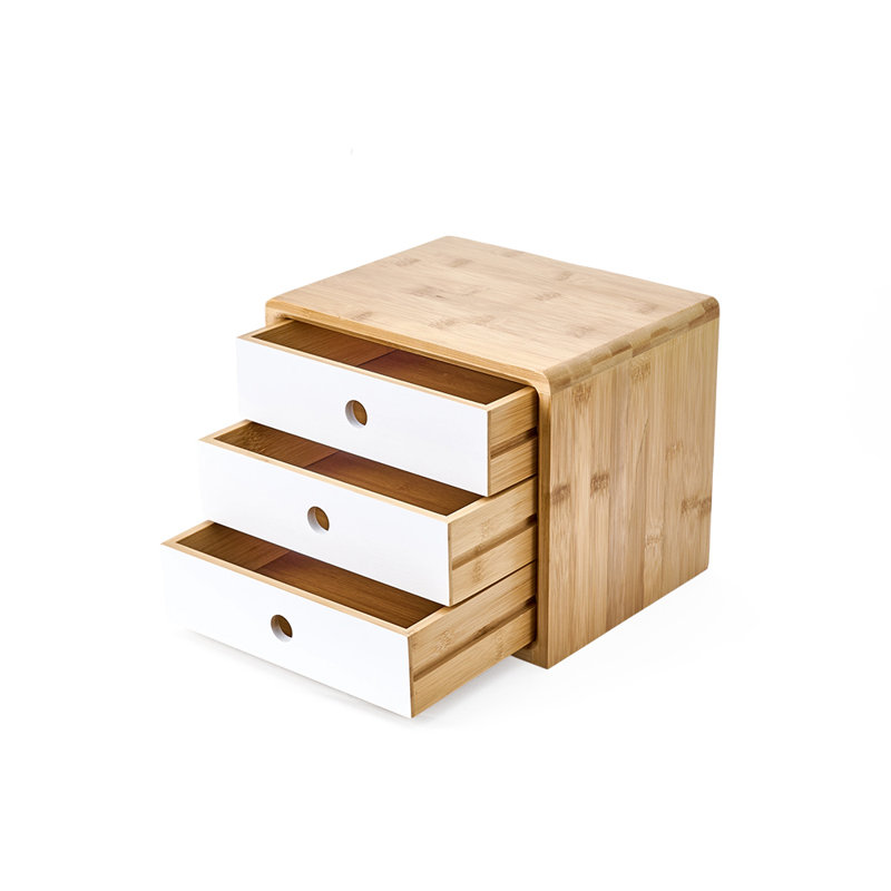 Ostos Bamboo Desk Drawer Tabletop Storage Box With Three Drawers, 8.46" H x 10.04" W x 7.87" D, White/Wood