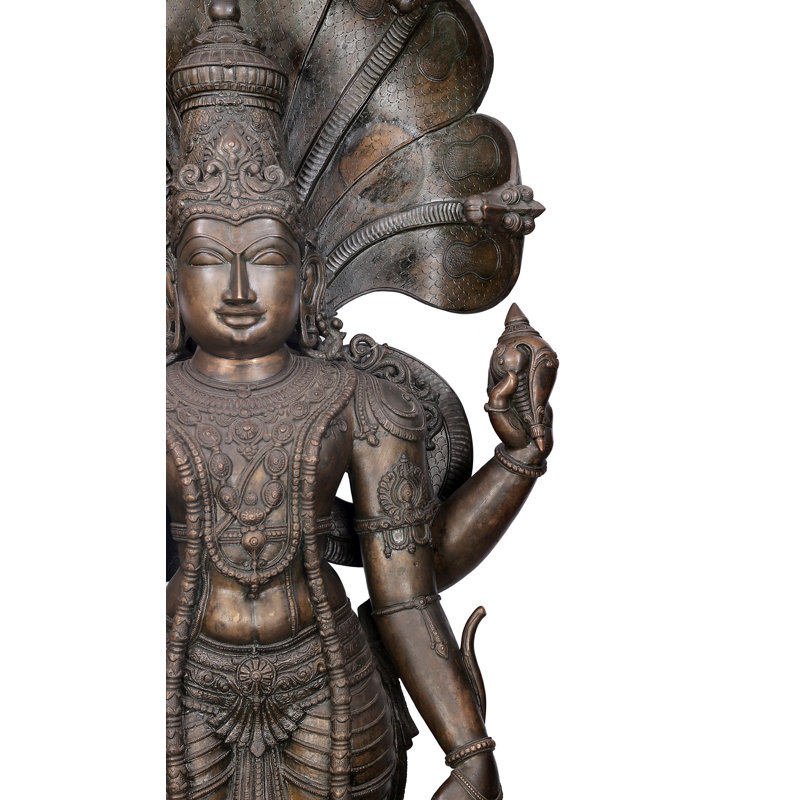 Superbe statue de 77 po Shri Satyanarayan Vishnu - bronze de Panchaloha fabriqué à la main de Swamimalai, grande sculpture à incarnation à quatre bras