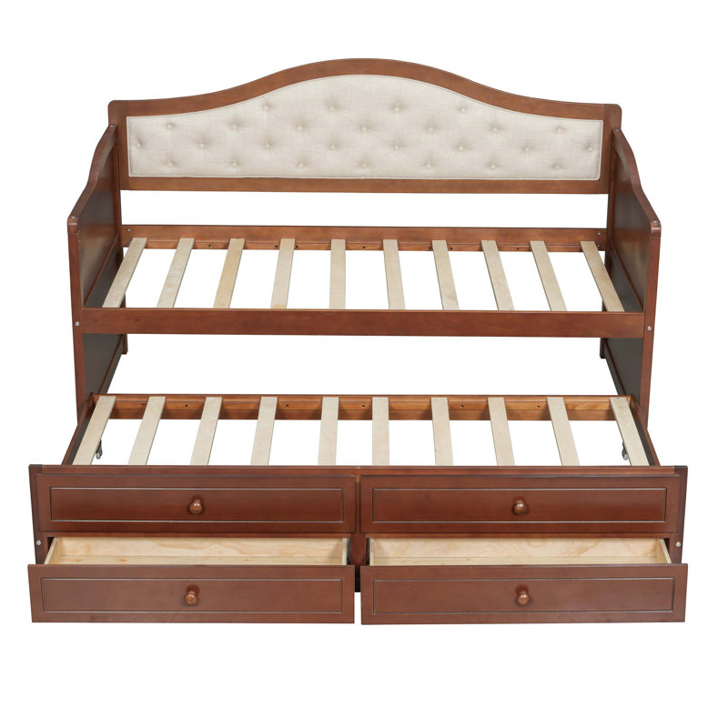 Twin Wooden Daybed with Pull-Out Trundle, Drawers, Walnut