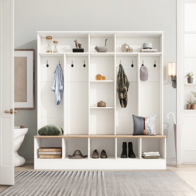 Hall Tree With Storage Bench - Minimalist Shoe Cabinet With Cubby Compartments And Shelves, White