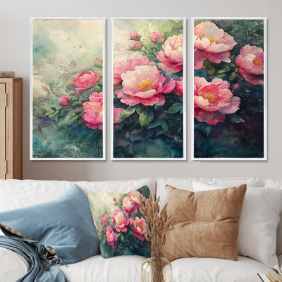 Été rose aquarelle pivoines Bloom I - décorations murales pivoines - 3 pièces