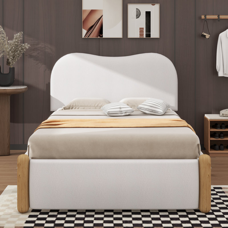 Lit plateforme tapissier avec pieds de support en bois et lit gigogne, Lit simple, Blanc
