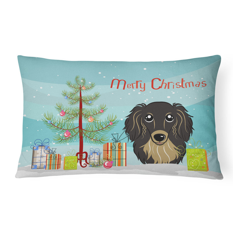  Coussin décoratif intérieur / extérieur Christmas Tree and Longhair Dachshund, Noir / brun clair