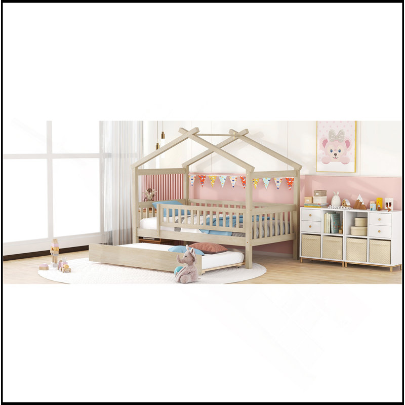 Lit en bois avec lit gigogne simple, Naturel
