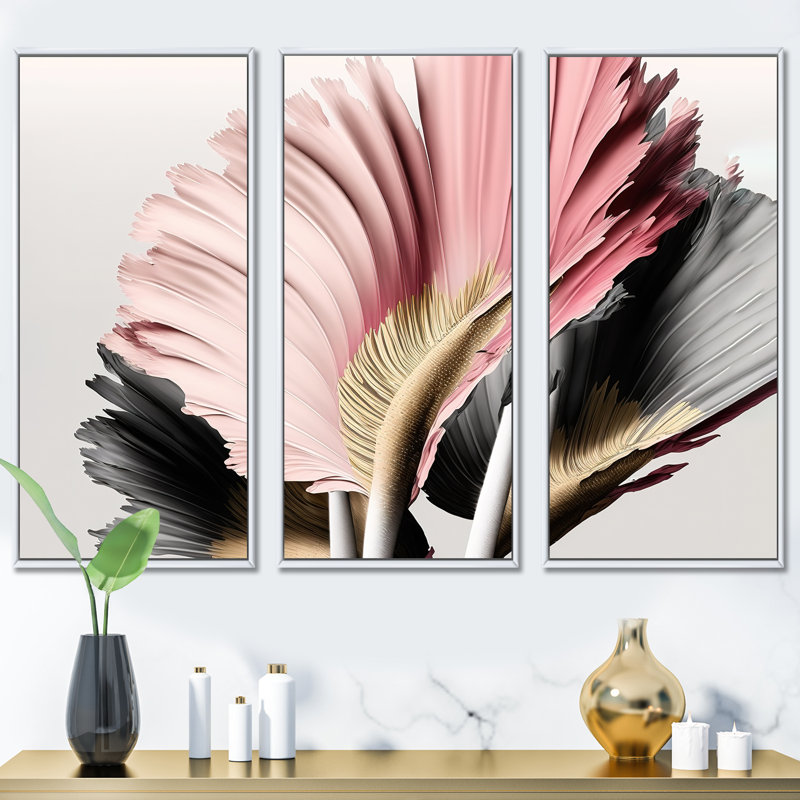 Gerbera rose et grise, fleurs hyperréalistes - 3 pièces sur toile, Cadre blanc, H 32 po x l 48 po x P 1 po