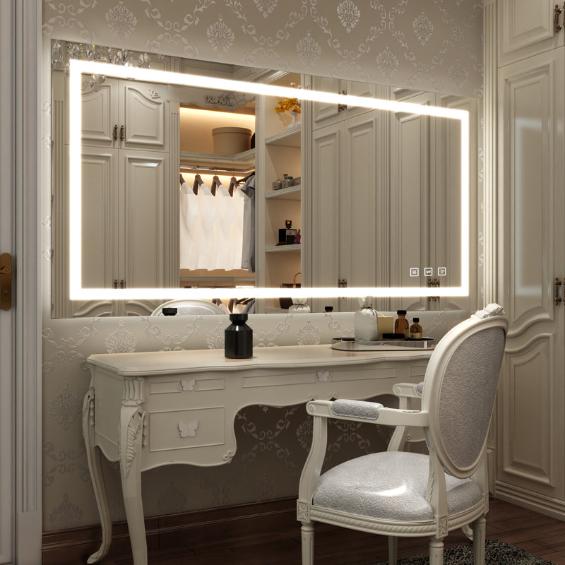 Led Bathroom Mirror, Dimmable Vanity Mirrors For Wall, Anti-fog, 3 Colors Adjustable, Memory, Double Led Lights ( Front And Backlit ) Durable Tempered Material