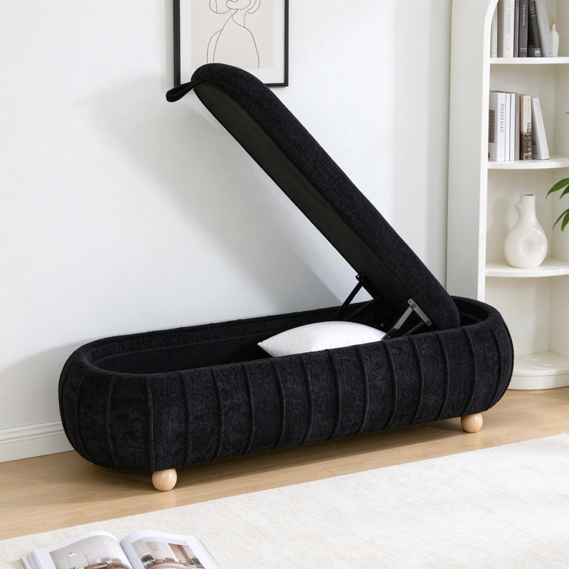 Banc de rangement ovale moderne en chenille capitonnée avec couvercle rabattable et pieds sphériques, idéal pour l'entrée et le salon.
