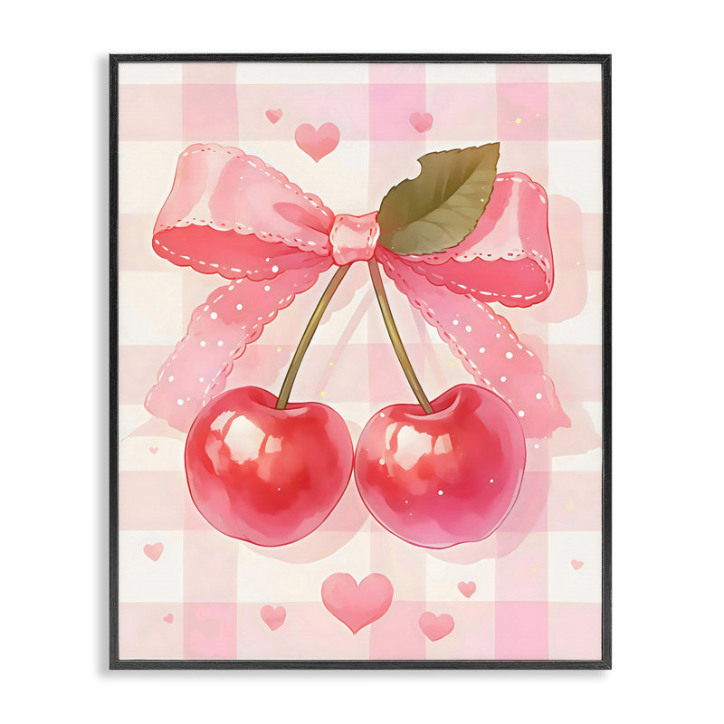 «Cherries on Pink Gingham», estampe numérique, design by Creative Studio, H 14 po x l 11 po, Giclée encadrée noir minuit
