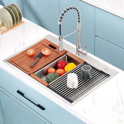 33 X 22 Drop In Stainless Steel Workstation Sink, 33 Inch 18-Gauge Stainless Steel Drop-In Kitchen Sink, Handmade Single Bowl Workstation R10 Rounded Corner Kitchen Sink With Accessories