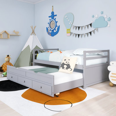 Wood Frame Twin Size Bed With Trundle And Three Storage Drawers