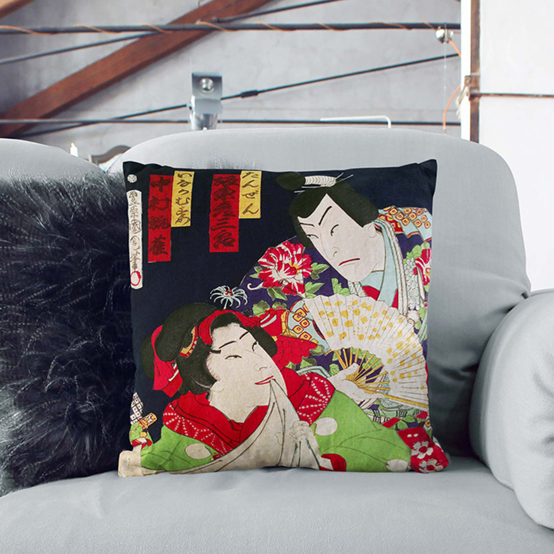 Lady & Man with a Fan by Toyohara Kunichika Cushion with Filling
