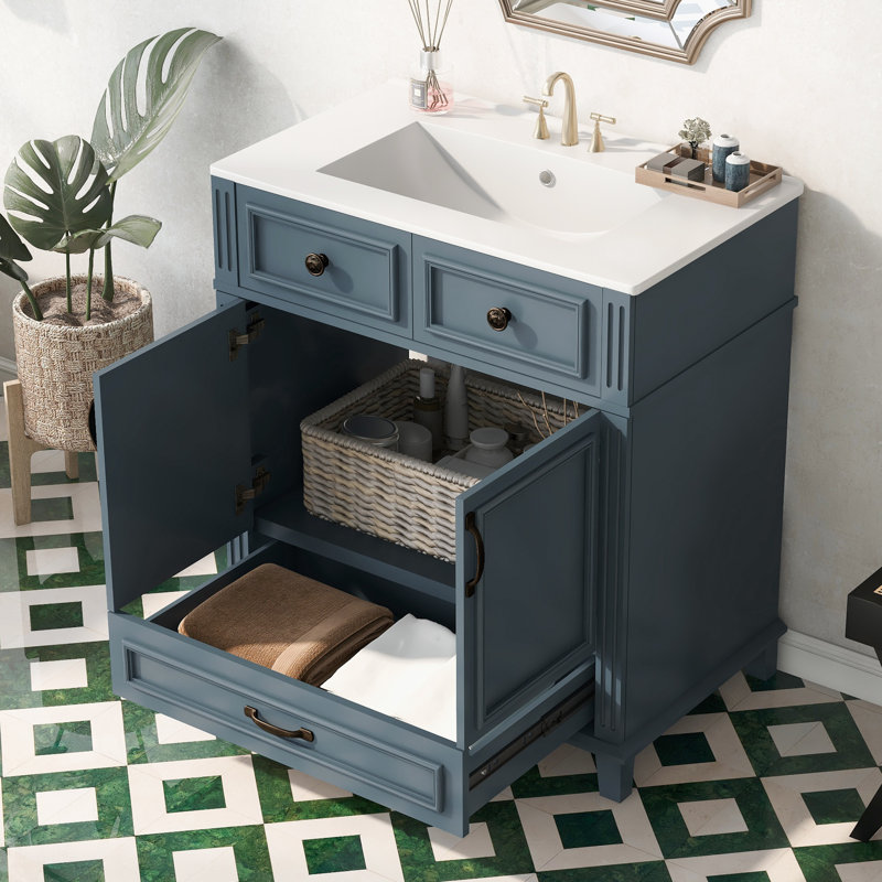 Meuble-lavabo de 30 po avec lavabo en céramique, armoire de rangement en bois massif avec portes à fermeture douce, meuble-lavabo