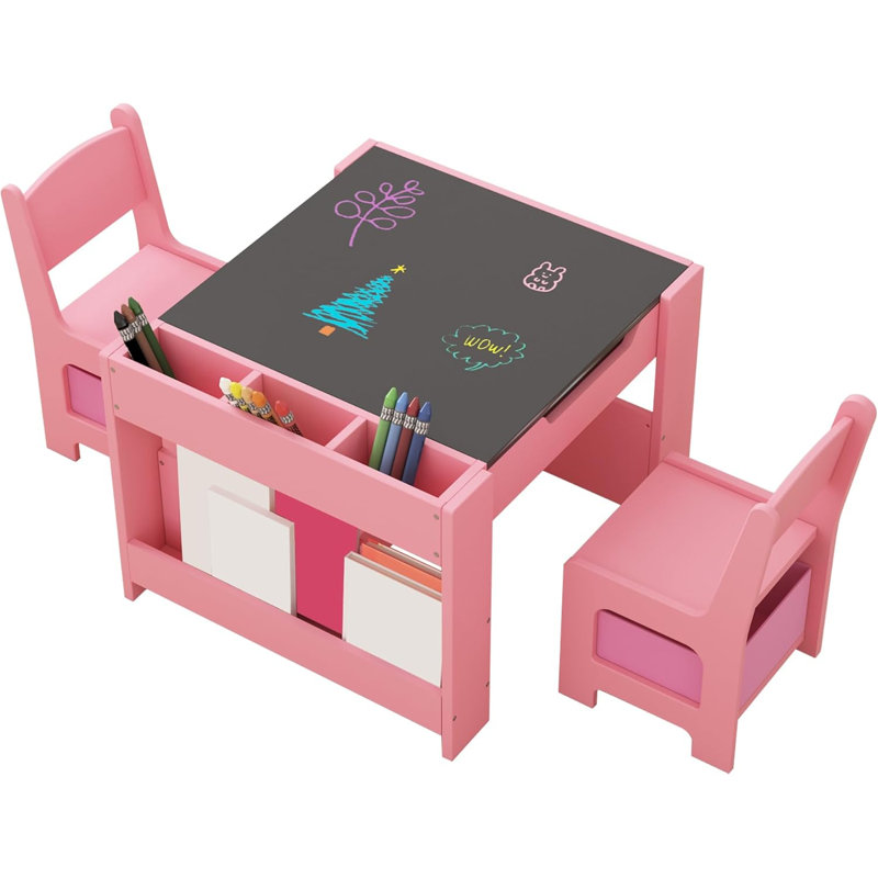 Kids 3 Piece Solid Wood and Chair Set, Pink