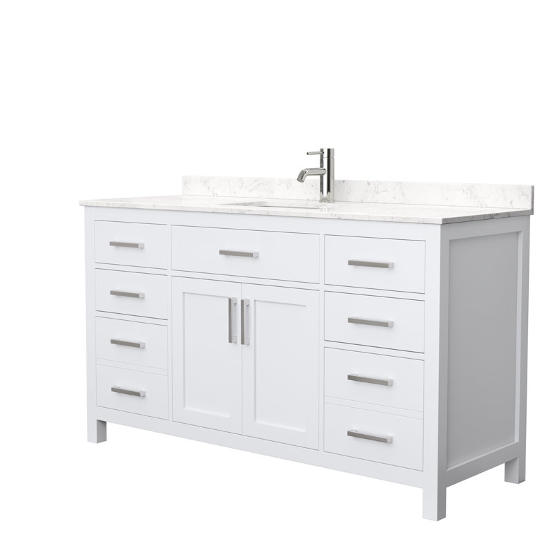 Beckett 60" Freestanding Single Bathroom Vanity with Cultured Marble Top, White, Carrara Cultured Marble, Brushed Nickel