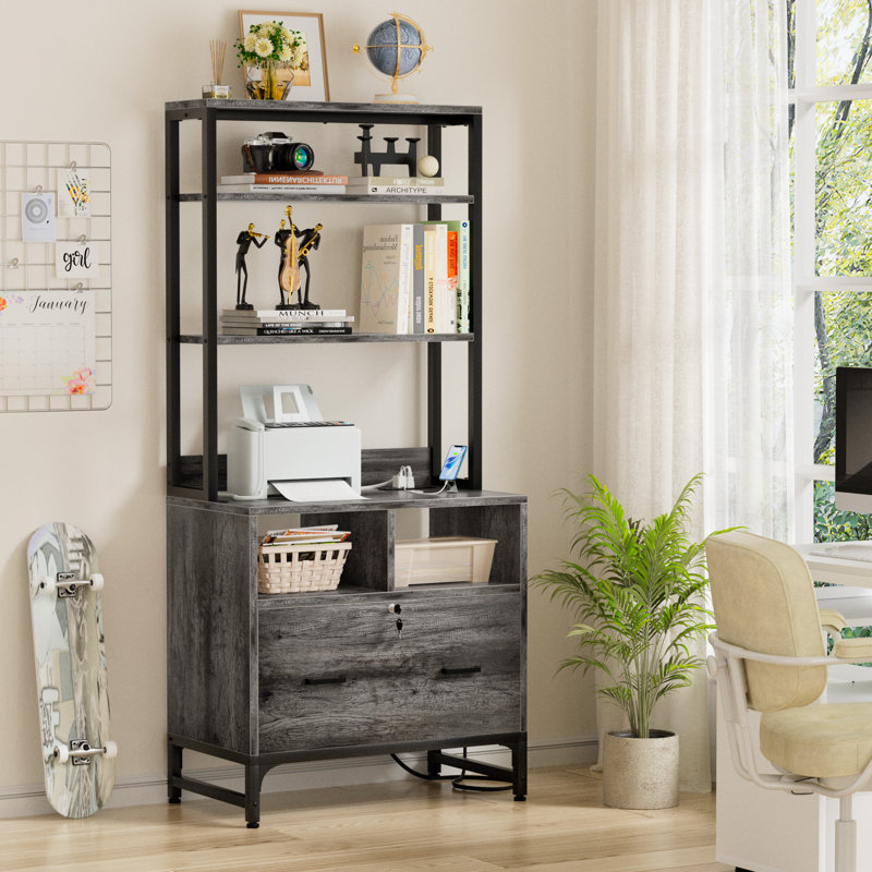 61.4" Tall Storage Bookcase with Drawers, Lock and  Charging Station, Brown