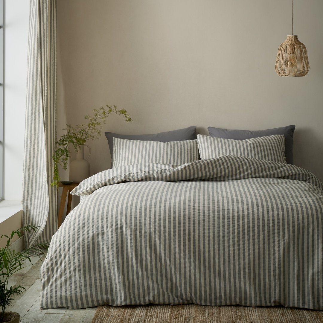 B&Q -  Cotton Rich Woven Stripe Single Duvet Cover Set With Pillowcase Grey - Image 4