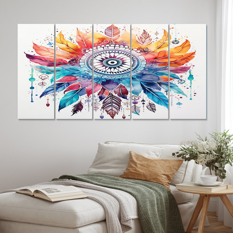 «Orange» et «Blue Boho Dreamcatcher Watercolor», reproduction sur toile - 5 panneaux égaux