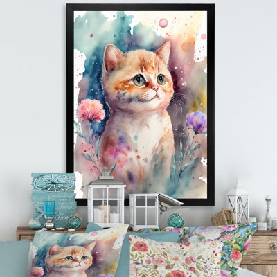 Petit chaton entouré de fleurs colorées IV - animaux, art mural sur toile