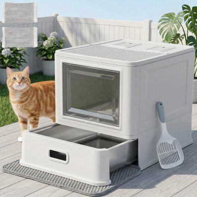 Enclosed Stainless Steel Cat Litter Box with Lid & Drawer Design for Indoor All Life Stages, Metal Covered Box, Baffles Anti-Leak, Includes Scoop & Mat