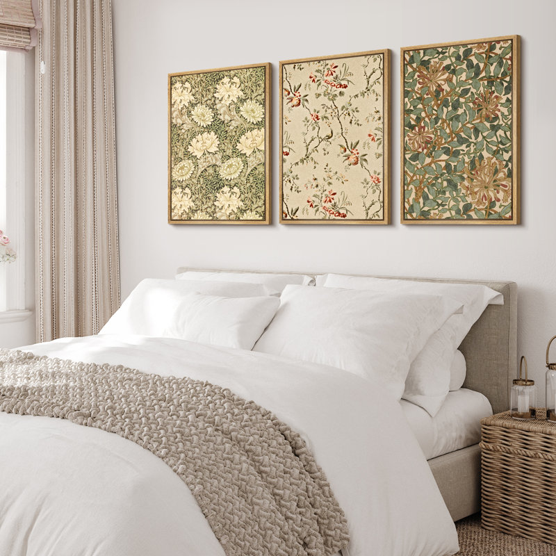 Art mural rétro sur toile à motif floral botanique - ensemble de 3 décorations de style William Morris, Naturel