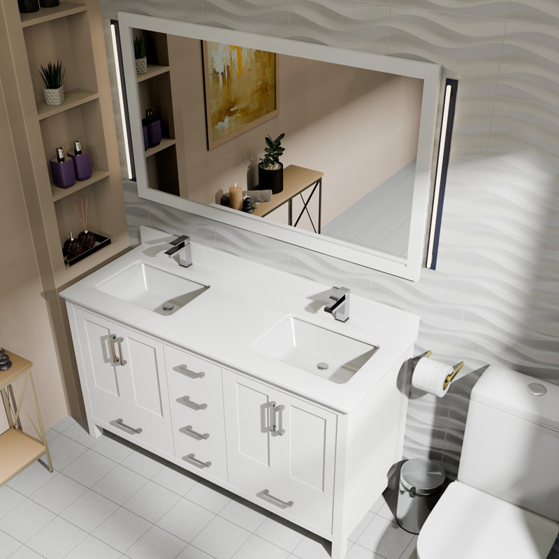Jacques 60 in. W x 22 in. D Double Bath Vanity, Faucet Set and 58 in. Mirror, White, White Quartz