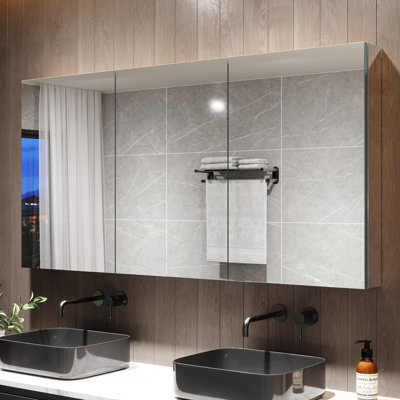 60"W x 30"H Surface Wall Mounted Frameless 3 Door Medicine Cabinet with Mirror and Adjustable Glass Shelves