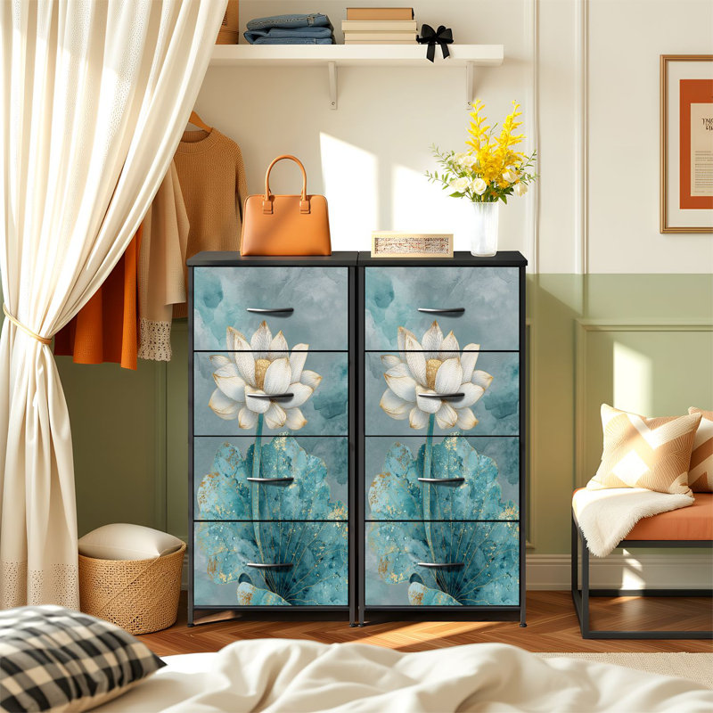 Commode pour la chambre à coucher avec 4 tiroirs de rangement Élégante fleur de lotus blanche Feuilles vertes bleues Aquarelle décorations dorées Commode Commode en acier avec cadre en tissu pour vestibule