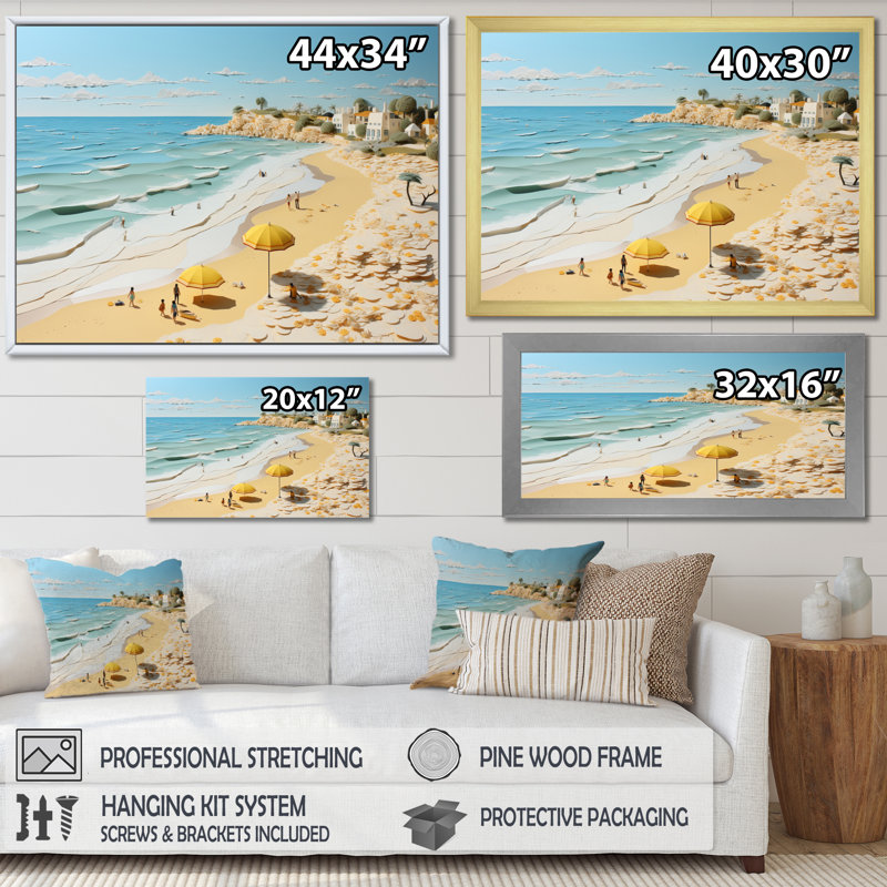 Ambre Coastal Beachside Wanderer Papercut sur toile, H 16 po x l 32 po x P 1 po, Cadre simple noir
