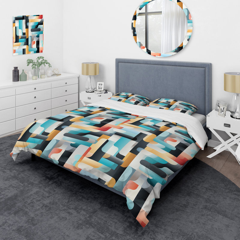 Ensemble de housse de couette en microfibre bleu / gris / ivoire Allona, Housse de couette pour très grand lit et 2 très