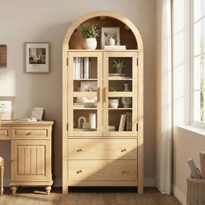 Armoire arquée de 71 po de hauteur, armoires de rangement en bois de ferme moderne avec 2 grands tiroirs et tablettes réglables