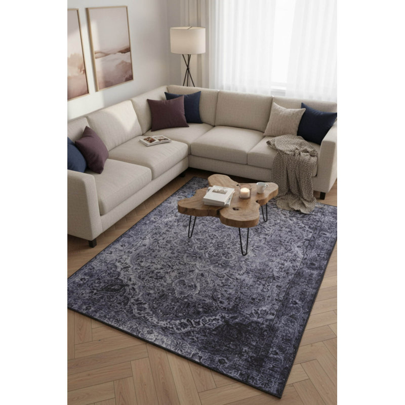 Tapis décoratif bleu marine à motif rétro, Rectangle 7 pi 7 po x 10 pi 10 po