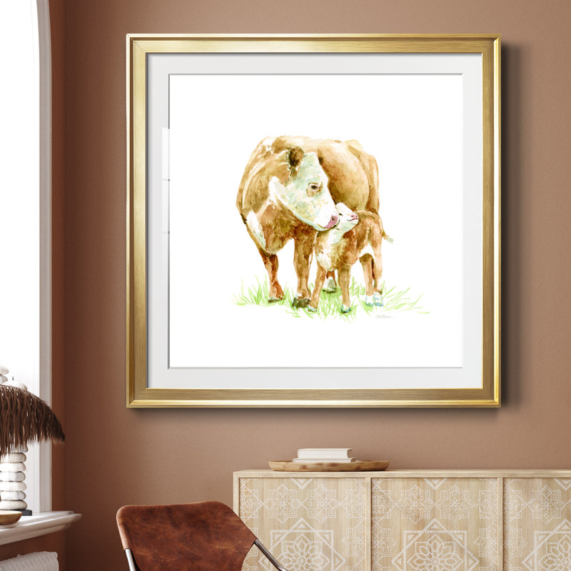 Vache et veau - Peinture encadrée, Encadrement doré, H 30,5 po x l 30,5 po x P 1,5 po